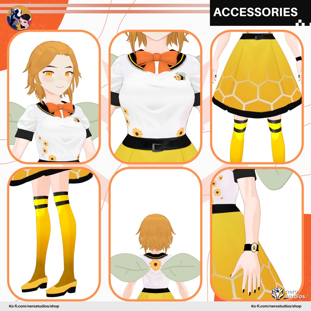 "BEE" TUBER, bee inspired vroid model short hair separate bangs cute yellow dress and socks (Vroid File) / 3D model 蜂 コスプレ 黄色のドレス ストッキング 黄色のストッキング
