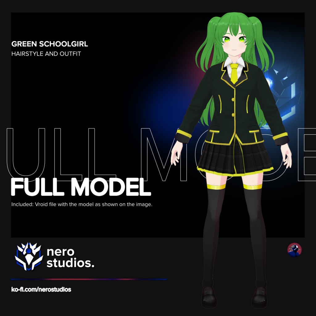Schoolgirl coat skirt green hair full model (vroid file)