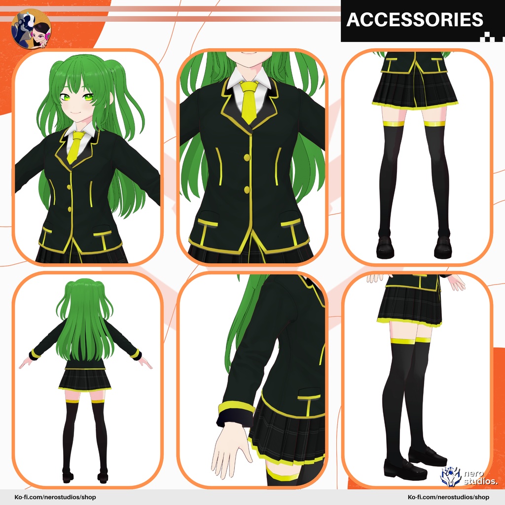 Schoolgirl coat skirt green hair full model (vroid file) / 制服 学生服 女子高生 コート スカート 緑 髪 学校