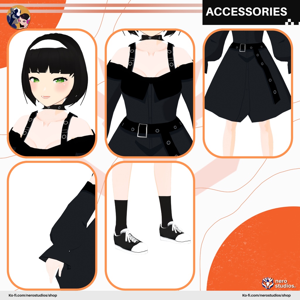 SHORT HAIR HEADBAND CUTE LOOSE SHOULDERS DRESS (Vroid file) / ドレス