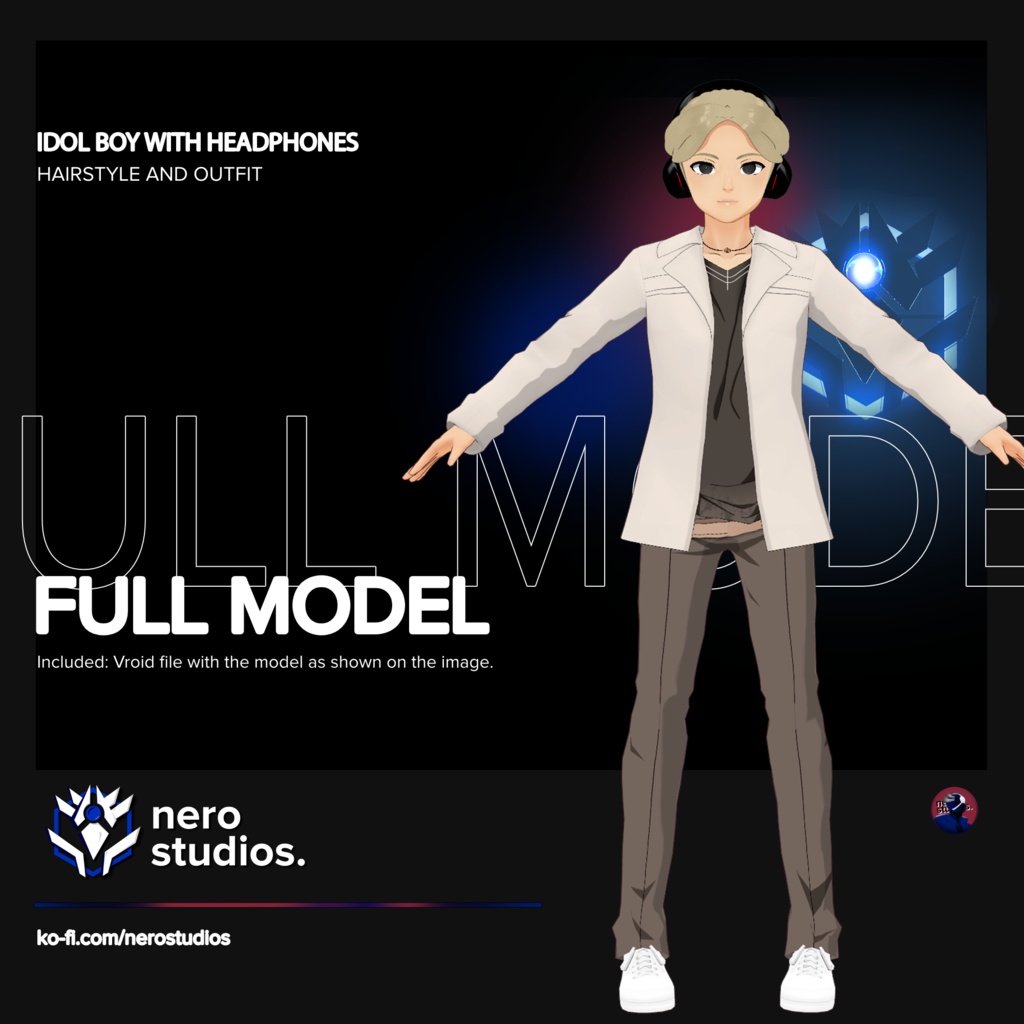 BOY IDOL MAN WITH HEADPHONES 2D CELL SHADED LOOK URBAN WEAR (Vroid file) /  都市 3Dモデル 少年アイドル男性  ヘッドフォン セルシェーディングの外観