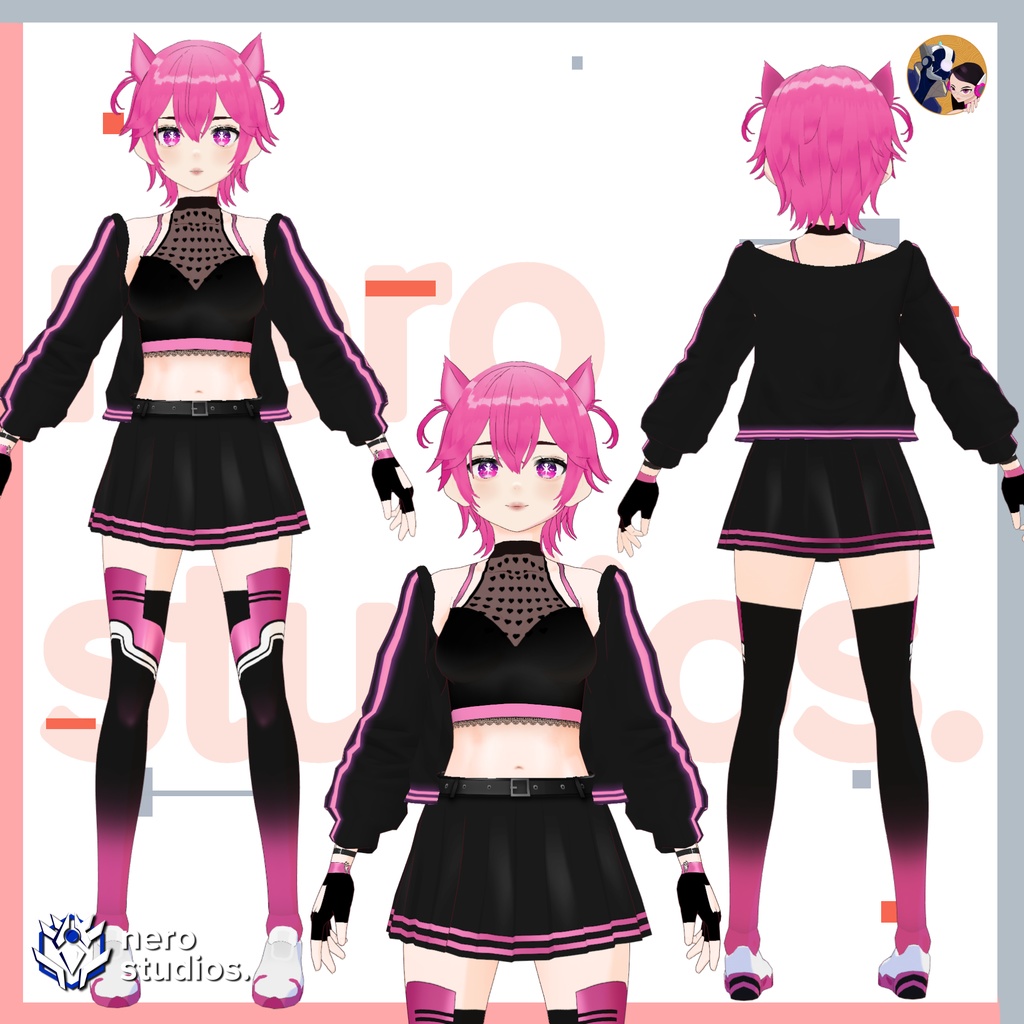 CUTE PINK OUTFIT GLOW CAT GIRL SKIRT AND OPEN LOOSE HOODIE (Vroid file) / キャットガール 猫耳 ネコ