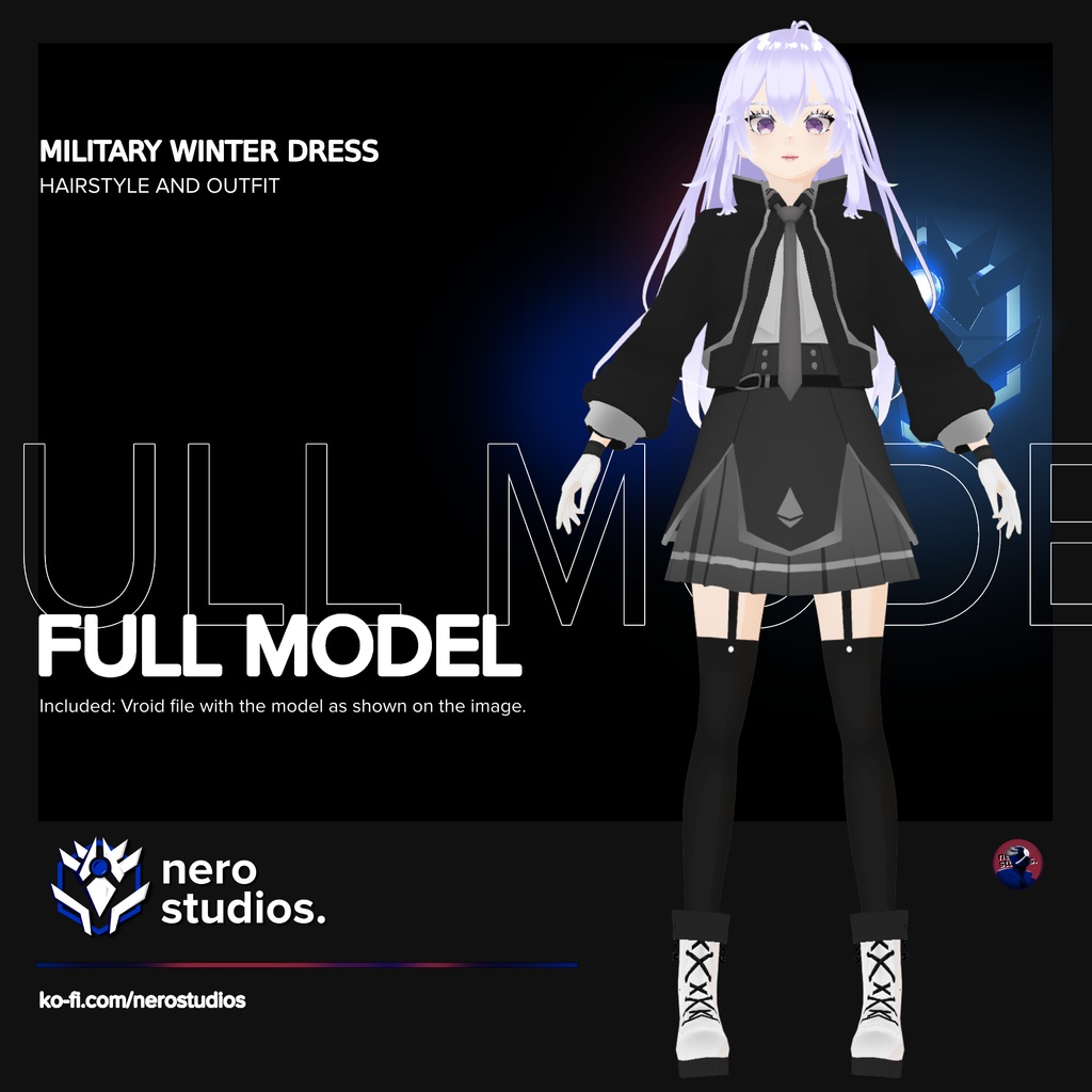 MILITARY WINTER DRESS DARK CUTE SCHOOL UNIFORM (Vroid file) (re-edited) / ミリタリー 冬のドレス 暗い 学校 制服 白髪 ストッキング スカート