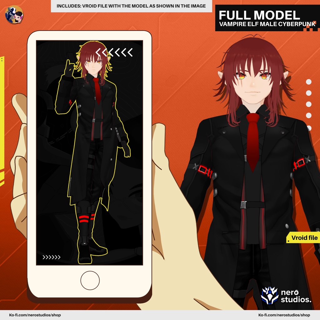 VAMPIRE ELF MALE FUTURISTIC RED SUIT ARMOR CYBERPUNK (VROID FILE) / 吸血鬼 赤いスーツ  妖精 未来的な サイバーパンク