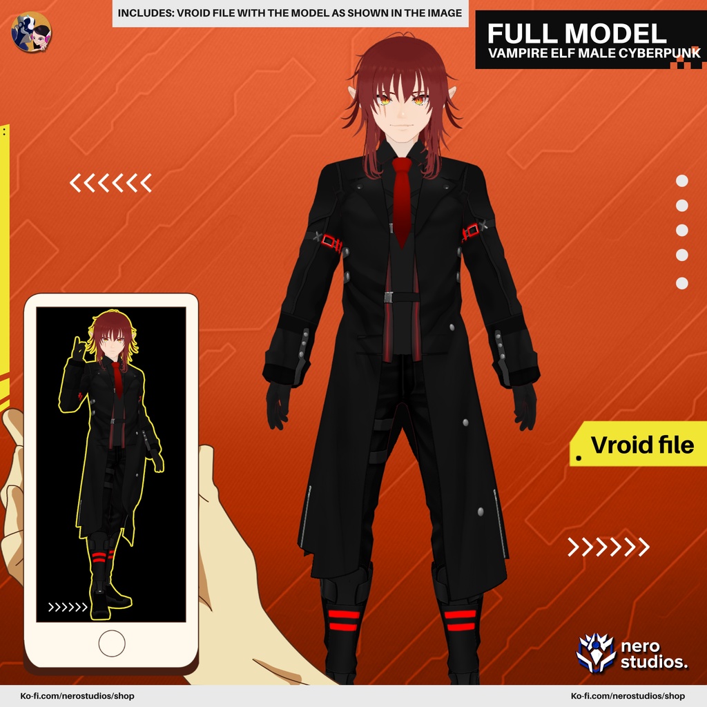 VAMPIRE ELF MALE FUTURISTIC RED SUIT ARMOR CYBERPUNK (VROID FILE) / 吸血鬼 赤いスーツ  妖精 未来的な サイバーパンク ハロウィン