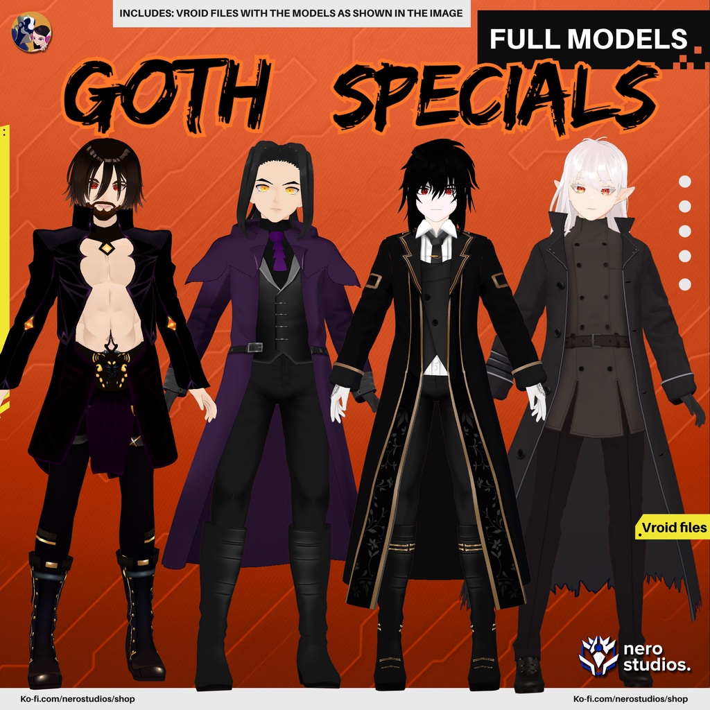 HALLOWEEN VROID MODELS, VAMPIRE MALE, VAMPIRE GOTHIC STYLE, VAMPIRE HUNTER LEATHER, WIZARD MALE, ELF GOTHIC BLACK OUTFIT, DARK / ハロウィン ヴァンパイア 男 ゴシック 暗い ハンター レザー 黒 ウィザード エルフ 悪魔 レッドアイズ