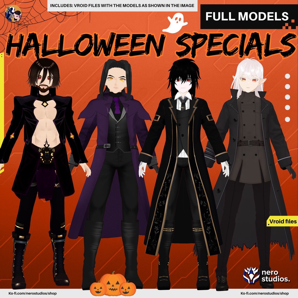 HALLOWEEN VROID MODELS, VAMPIRE MALE, VAMPIRE GOTHIC STYLE, VAMPIRE HUNTER LEATHER, WIZARD MALE, ELF GOTHIC BLACK OUTFIT, DARK / ハロウィン ヴァンパイア 男 ゴシック 暗い ハンター レザー 黒 ウィザード エルフ 悪魔 レッドアイズ