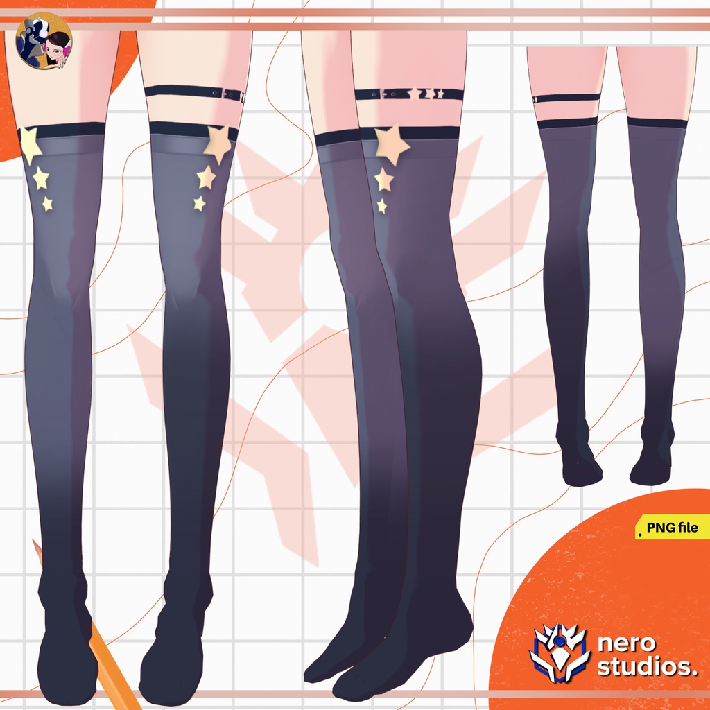 VROID CLOTHING, VTUBER OUTFIT / VTUBER CUTE OUTFIT / VROID STOCKINGS / VTUBER STOCKINGS, VROID TEXTURES SET / 可愛い ストッキング ソックス ファンタジー 黒 ハイタイツ 【VRoid用】タイツ&ソックスセット ストッキング ソックス ゴシック