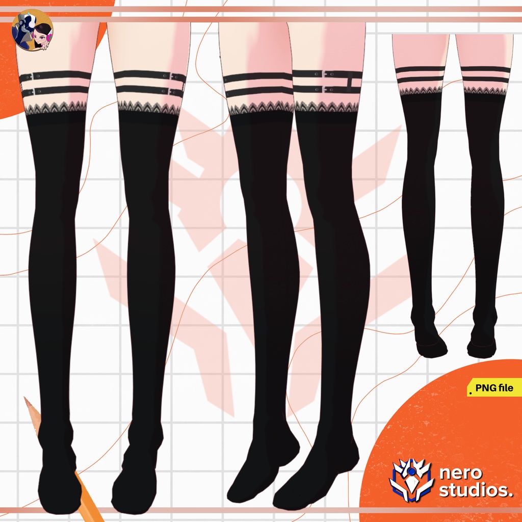 VROID CYBERPUNK STOCKINGS, VTUBER GOTHIC STOCKINGS, HALLOWEEN SET, DARK BLACK SOCKS, VROID CLOTHING, VTUBER OUTFIT/ハロウィンセット 可愛い ゴシック ストッキング ソックス ファンタジー 黒 ハイタイツ VRoid用 タイツ&ソックスセット ストッキング ソックス