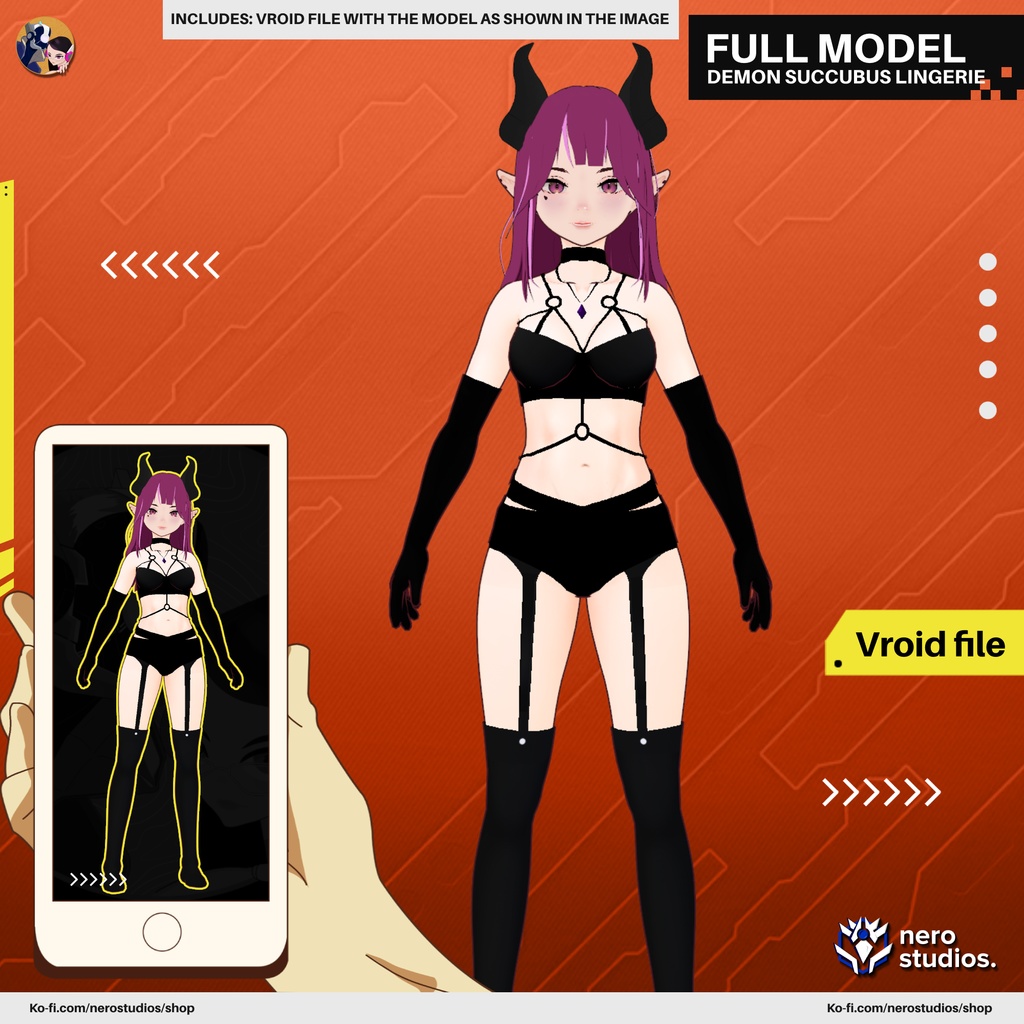 DEMON SUCCUBUS LINGERIE (VROID FILE), デーモン  セクシー ゴシック サキュバス 角のある ランジェリー 肌着