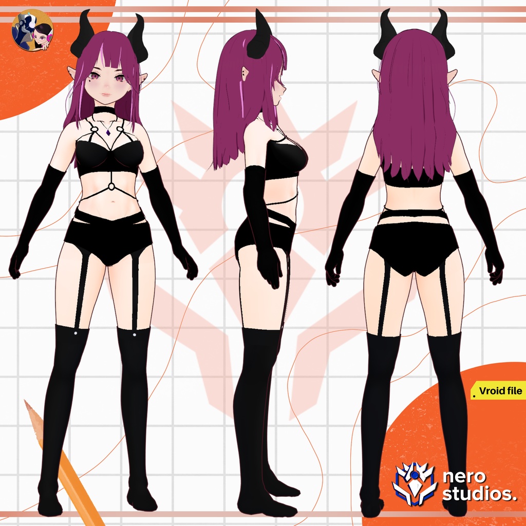 DEMON SUCCUBUS LINGERIE (VROID FILE), デーモン  セクシー ゴシック サキュバス 角のある ランジェリー 肌着