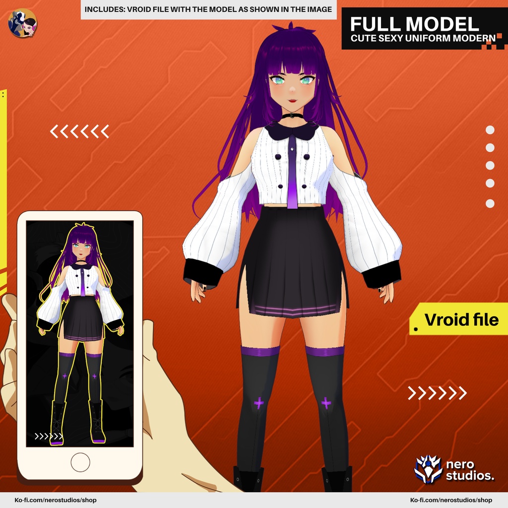 CUTE SEXY UNIFORM MODERN STYLE URBAN OUTFIT GIRL COOL HAIRSTYLE PURPLE (VROID FILE) / セクシー 制服 モダンな スタイル 都市 衣装 スカート 女の子 髪型 紫