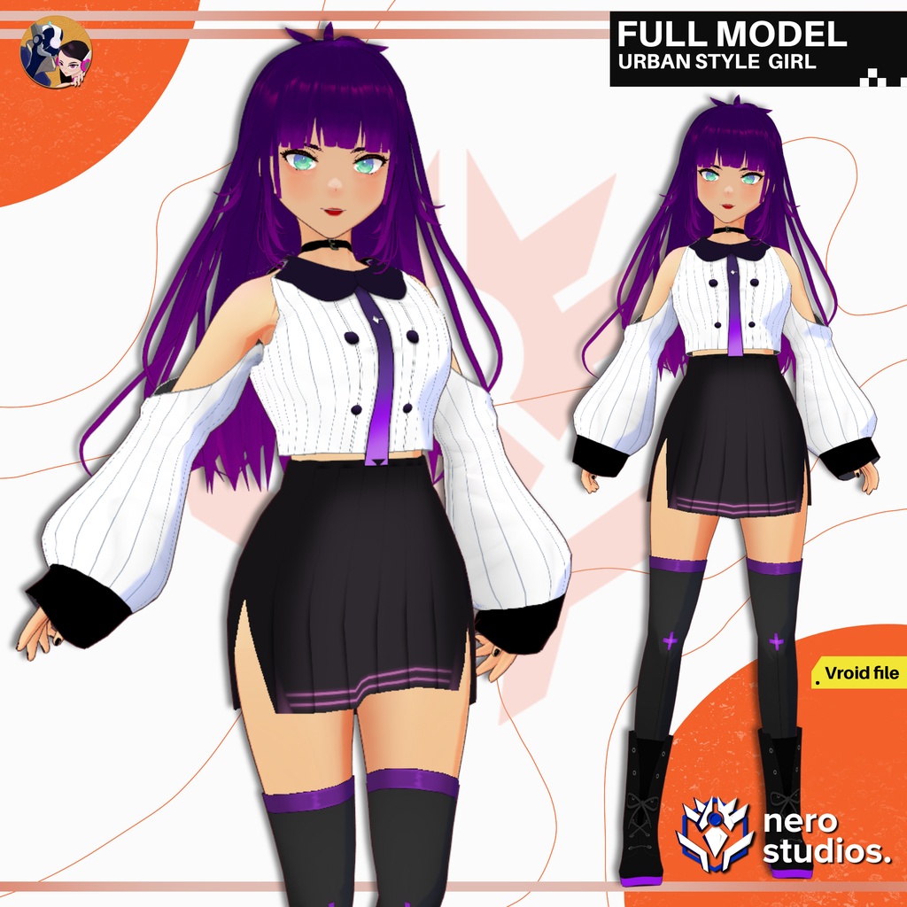 MODERN URBAN STYLE OUTFIT GIRL COOL HAIRSTYLE PURPLE (VROID FILE) / セクシー 制服 モダンな スタイル 都市 衣装 スカート 女の子 髪型 紫