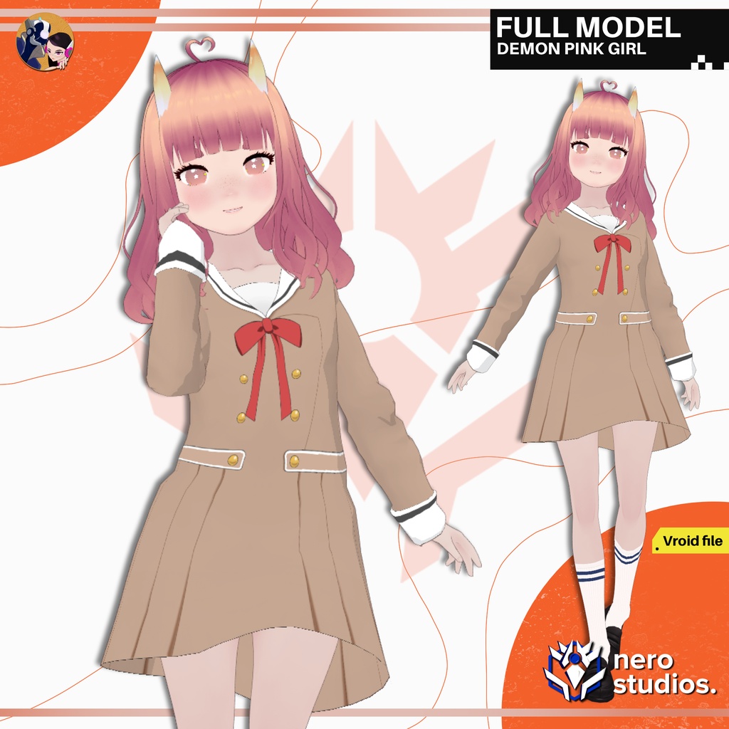 CUTE DEMON PINK GIRL, PINK HAIR, DEMON HORNS, CUTE DRESS (VROID FILE) / ロリータ 衣装 ゆめかわいい かわいいドレス ピンク デーモンホーン