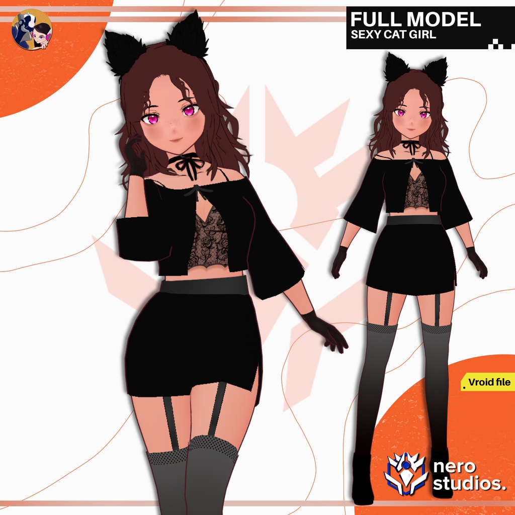 CAT GIRL HALLOWEEN COSTUME CURLY HAIR ELEGANT (VROID FILE) / セクシー 猫 女の子 ハロウィン コスチューム 巻き 髪 ランジェリー