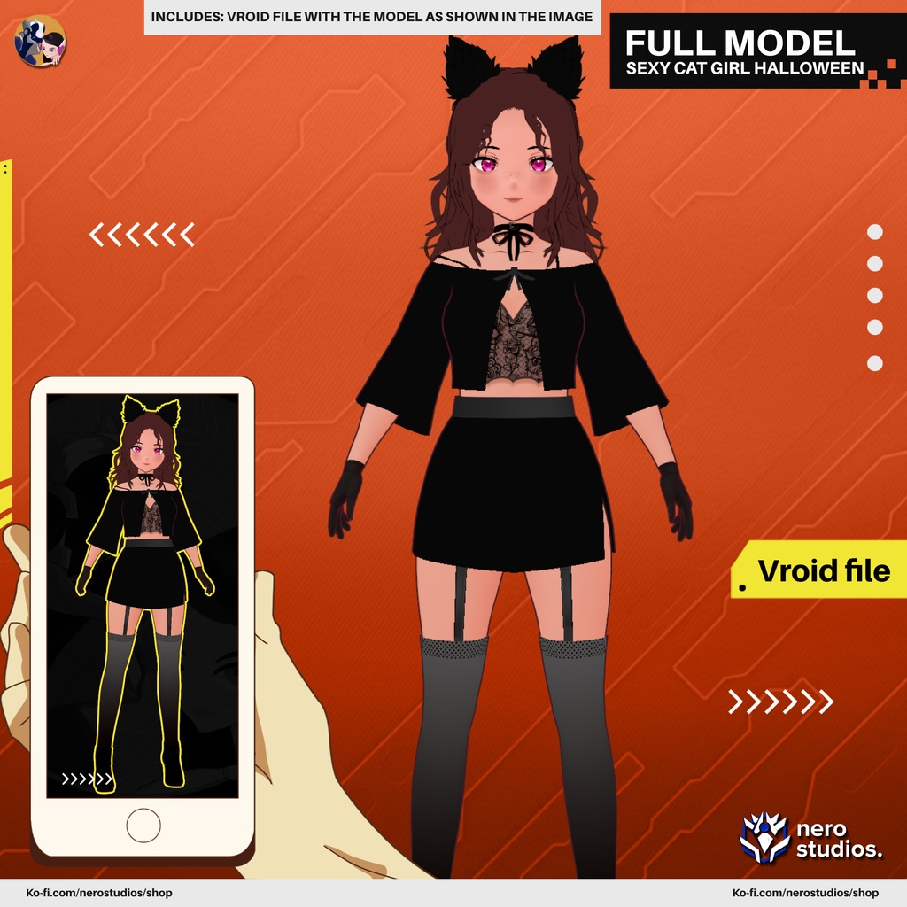 SEXY CAT GIRL HALLOWEEN COSTUME CURLY HAIR LINGERIE ELEGANT (VROID FILE) / セクシー 猫 女の子 ハロウィン コスチューム 巻き 髪 ランジェリー