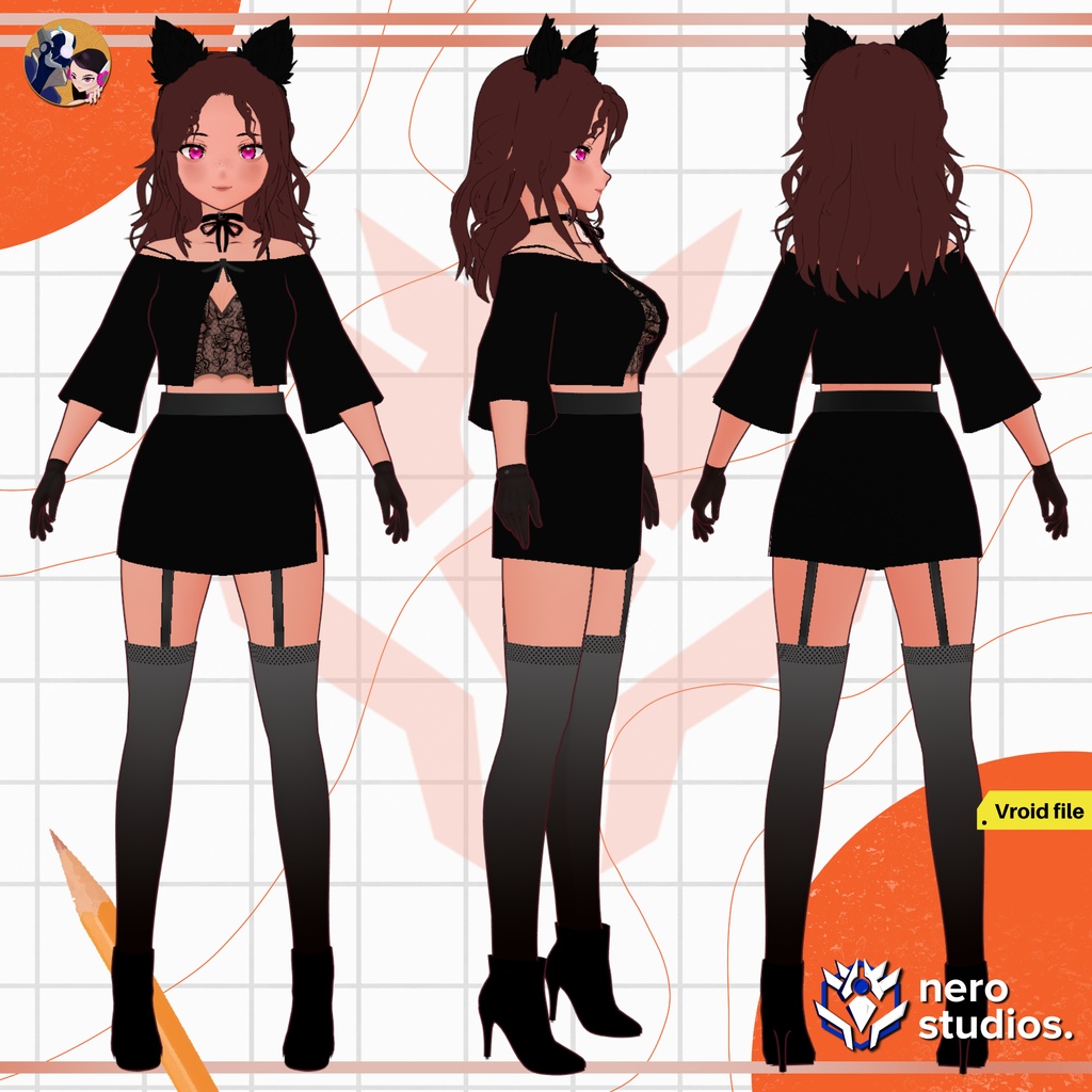 SEXY CAT GIRL HALLOWEEN COSTUME CURLY HAIR LINGERIE ELEGANT (VROID FILE) / セクシー 猫 女の子 ハロウィン コスチューム 巻き 髪 ランジェリー