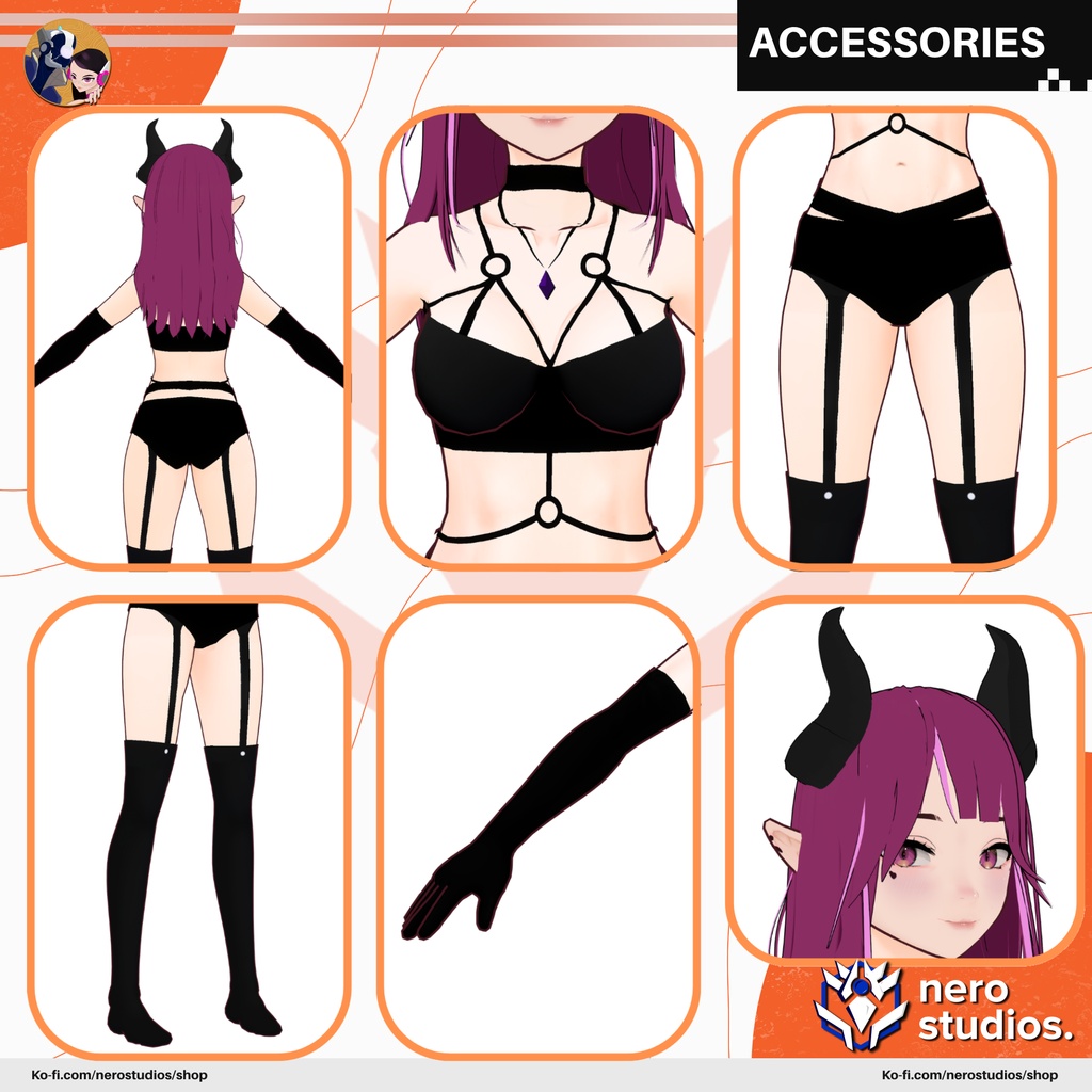 DEMON SUCCUBUS LINGERIE, HORNS, SEXY ANIME GIRL (VROID FILE) / ハロウィン 鬼 サキュバス 悪魔 チョーカー ツノ セクシー