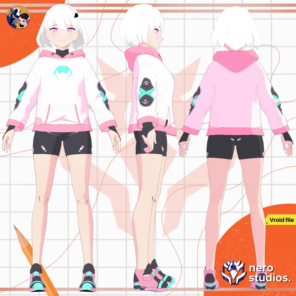 CYBERPUNK NEO FASHION HOODIE MODERN SPORT FIT GIRL SHORT HAIR CUTE HOODIE SHORTS (VROID FILE) サイバーパンク パーカー スポーツウェア 女の子 スニーカー