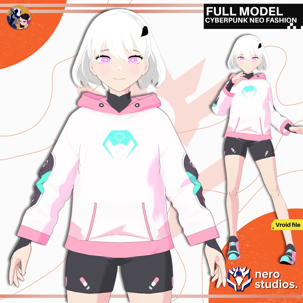 CYBERPUNK NEO FASHION HOODIE MODERN SPORT FIT GIRL SHORT HAIR CUTE HOODIE SHORTS (VROID FILE) サイバーパンク パーカー スポーツウェア 女の子 スニーカー