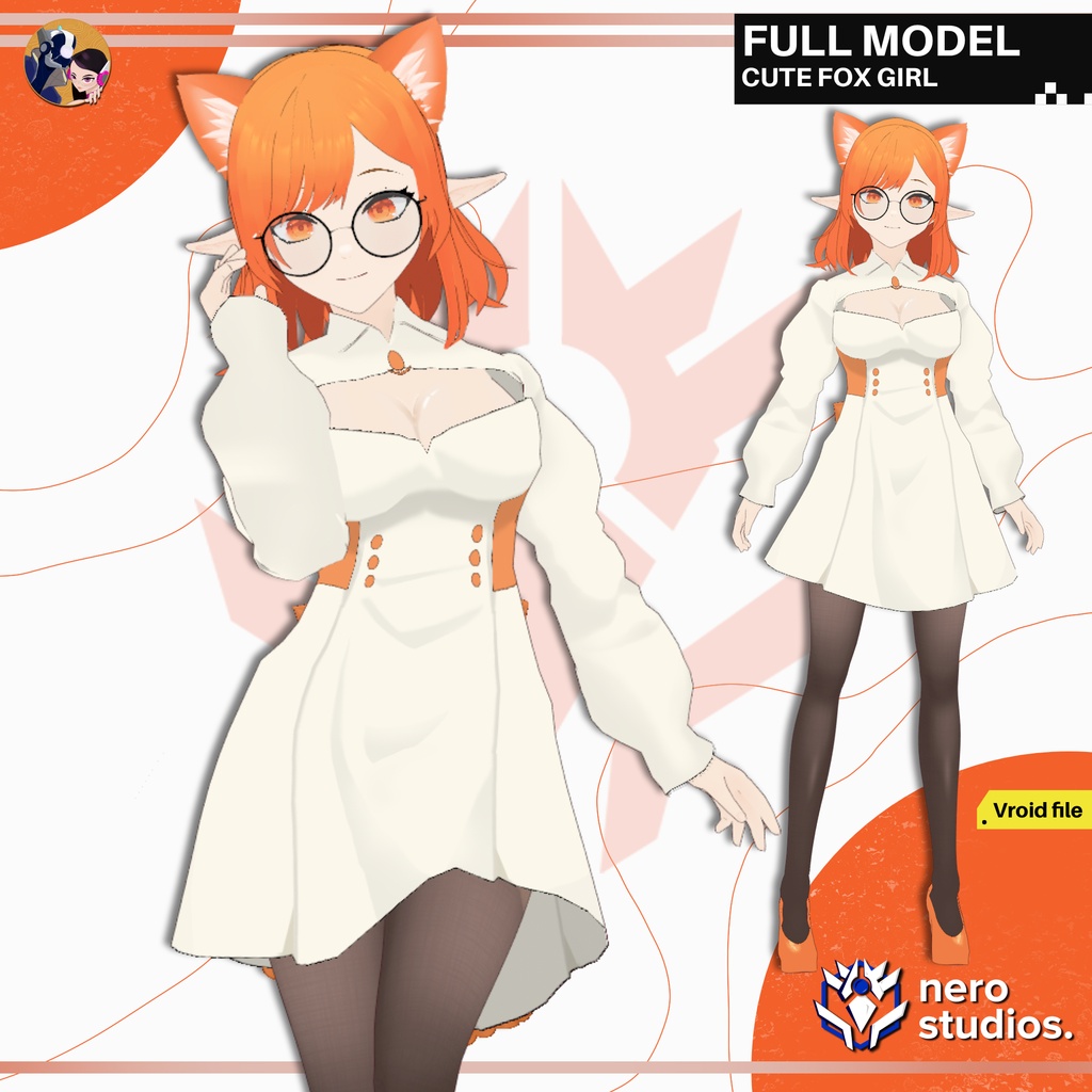 CUTE DRESS FOX GIRL UNIFORM LOLITA CELL SHADED 2D ANIME STYLE GLASSES SEXY SHORT HAIR (VROID FILE) / ロリータ かわいい ドレス キツネ 女の子