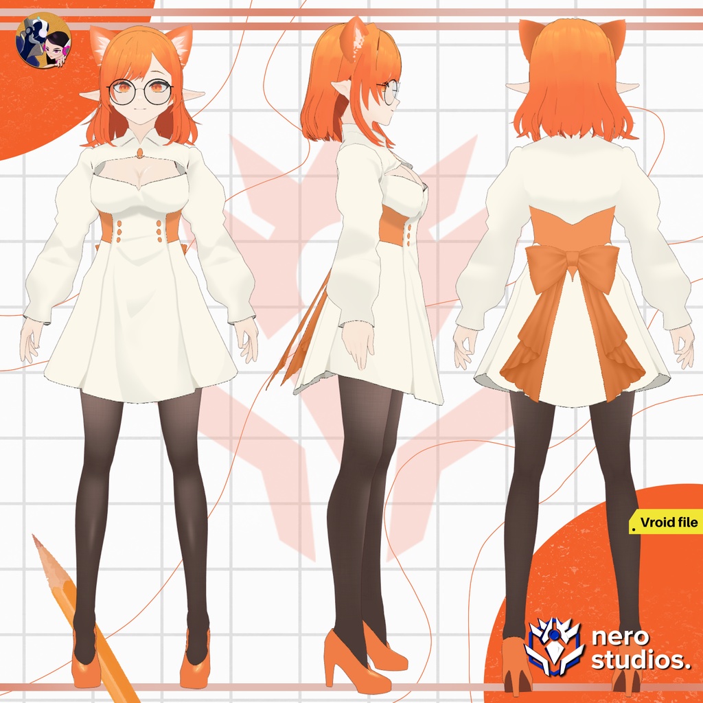 CUTE DRESS FOX GIRL UNIFORM LOLITA CELL SHADED 2D ANIME STYLE GLASSES SEXY SHORT HAIR (VROID FILE) / ロリータ かわいい ドレス キツネ 女の子