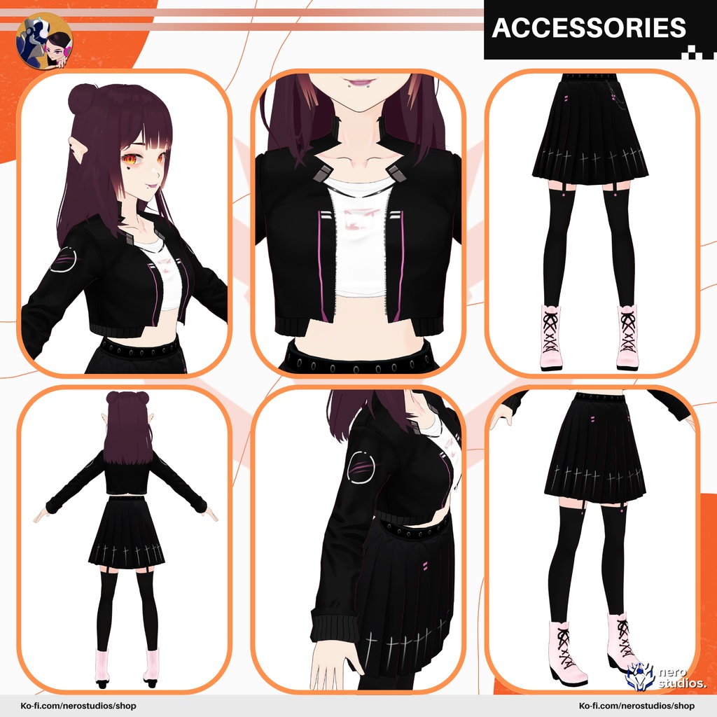 VAMPIRE ELF GOTHIC GIRL SCI FI JACKET, ELF EARS, BLACK OUTFIT, BLACK SKIRT (VROID FILE) / SF 吸血鬼 妖精 女の子 ファンタジー セクシー 妖精 悪魔 ゴシック 妖精