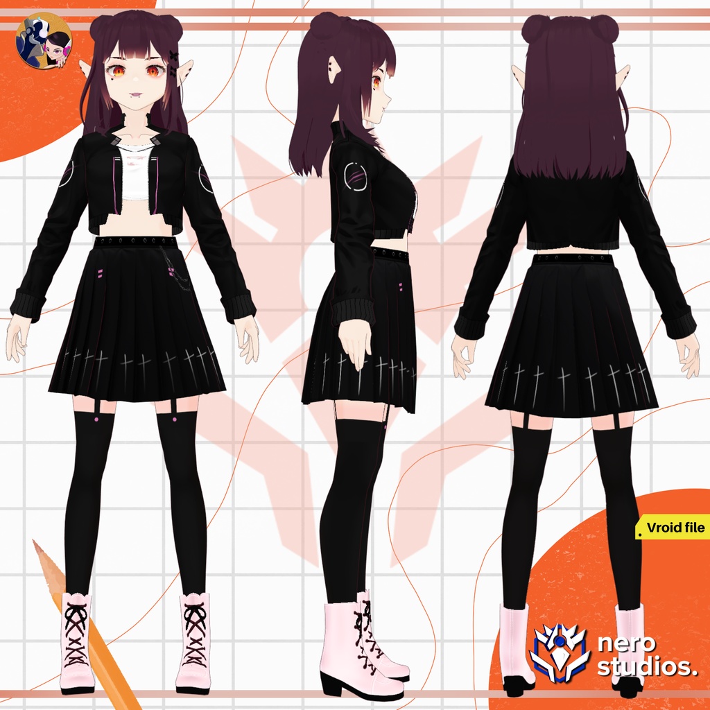 VAMPIRE ELF GOTHIC GIRL SCI FI JACKET, ELF EARS, BLACK OUTFIT, BLACK SKIRT (VROID FILE) / SF 吸血鬼 妖精 女の子 ファンタジー セクシー 妖精 悪魔 ゴシック 妖精
