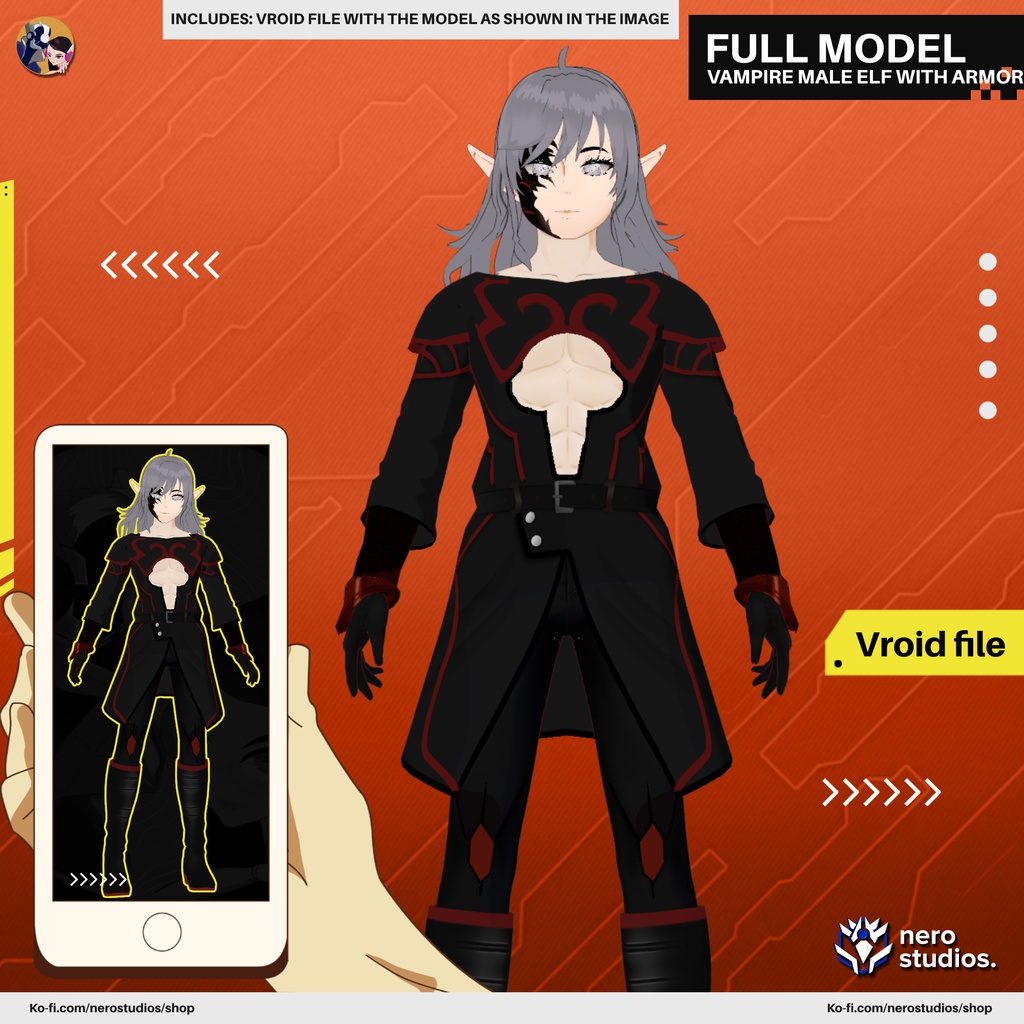 VAMPIRE MALE ELF WITH ARMOR CASTLEVANIA INSPIRED MUSCLE HOT SEXY WARRIOR (VROID FILE) /  3Dモデル ヴァンパイア 男 妖精 兵 鎧 筋 セクシー スーツ