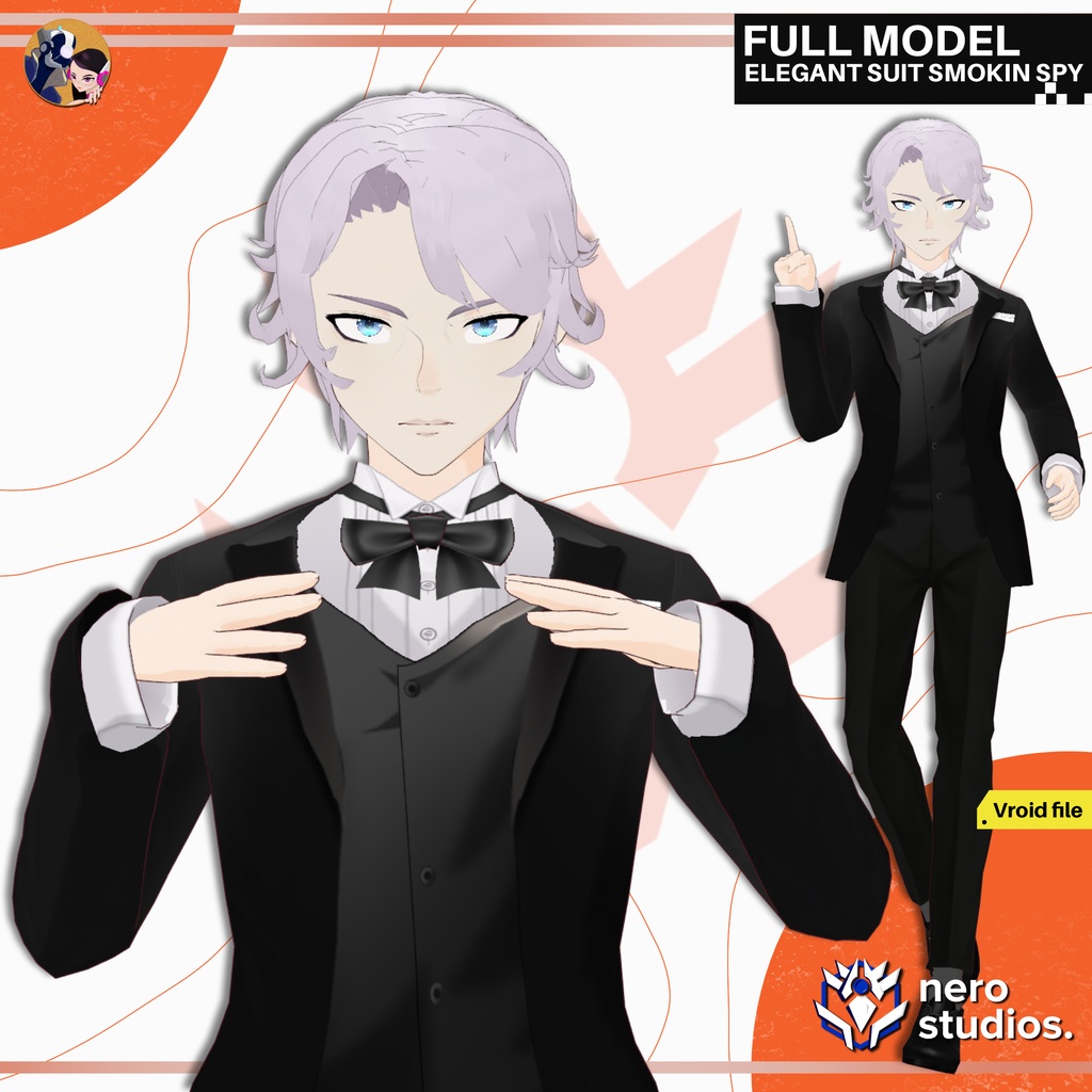 ELEGANT SUIT SMOKIN SPY HANDSOME CUTE MAN ANDROGYNOUS FULL OUTFIT SET CLOTHES FANCY AND CUTE HAIRSTYLE (VROID FILE) / 3Dモデル エレガント スーツ 喫煙 タキシード ネクタイ