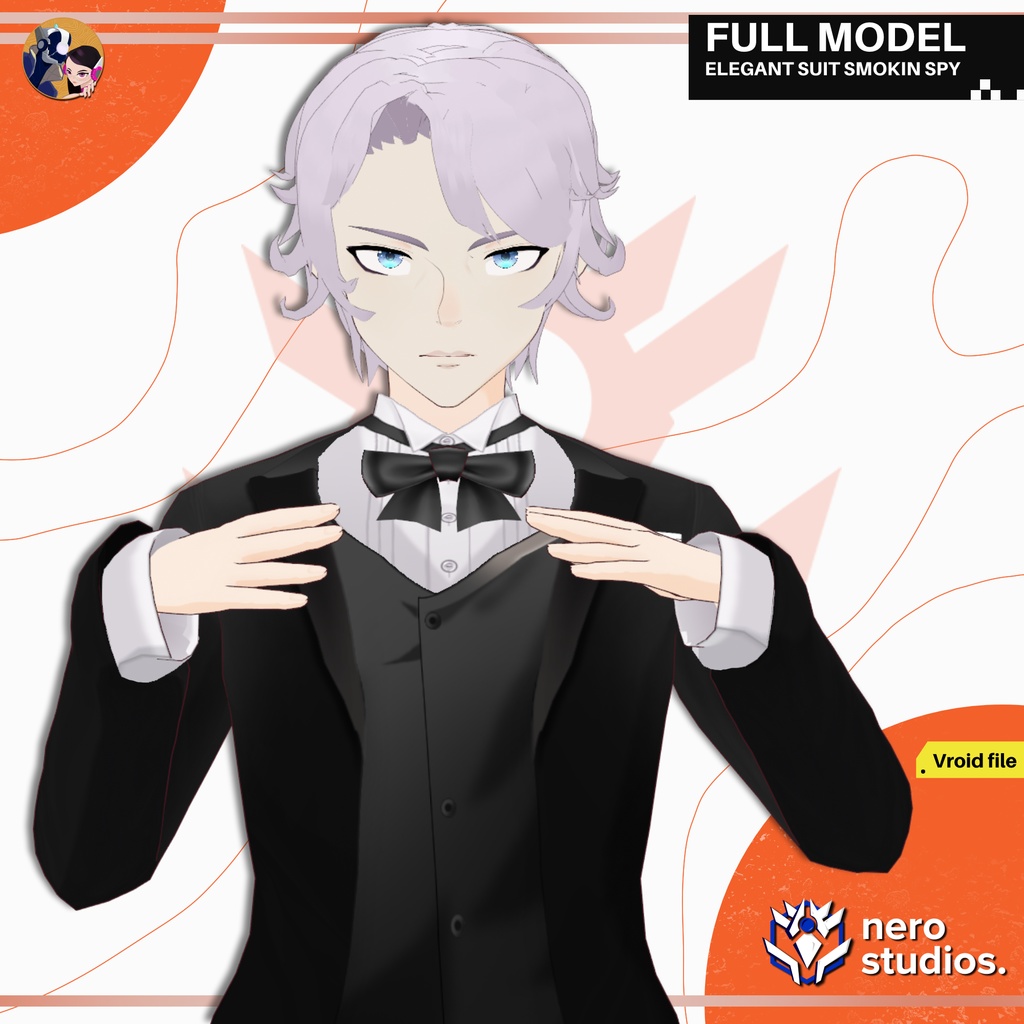 ELEGANT SUIT SMOKIN SPY HANDSOME CUTE MAN ANDROGYNOUS FULL OUTFIT SET CLOTHES FANCY AND CUTE HAIRSTYLE (VROID FILE) / 3Dモデル エレガント スーツ 喫煙 タキシード ネクタイ