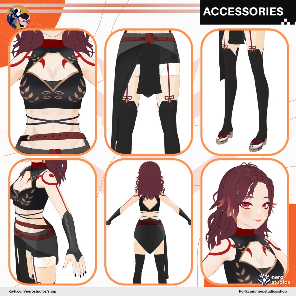 ORIENTAL FULL OUTFIT SET FIGHTER CUTE SCIFI GIRL TEXTURE AND HAIRSTYLE ARMOR STOCKINGS TOP TATTOO AND MUSCLES (VROID FILE) / 3Dモデル オリエンタル 和風 和服 和装 鎧 SF 女の子 タイツ スカート