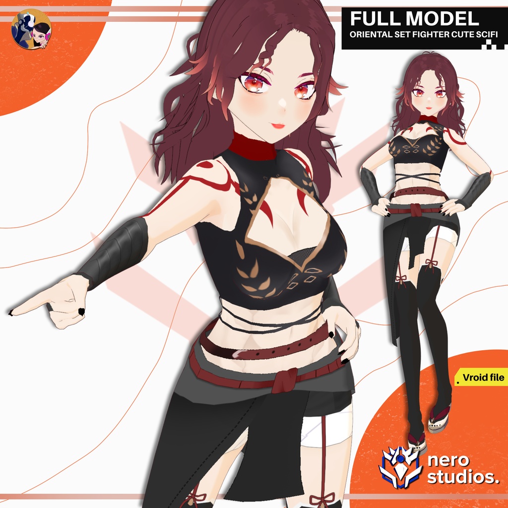 ORIENTAL FULL OUTFIT SET FIGHTER CUTE SCIFI GIRL TEXTURE AND HAIRSTYLE ARMOR STOCKINGS TOP TATTOO AND MUSCLES (VROID FILE) / 3Dモデル オリエンタル 和風 和服 和装 鎧 SF 女の子 タイツ スカート