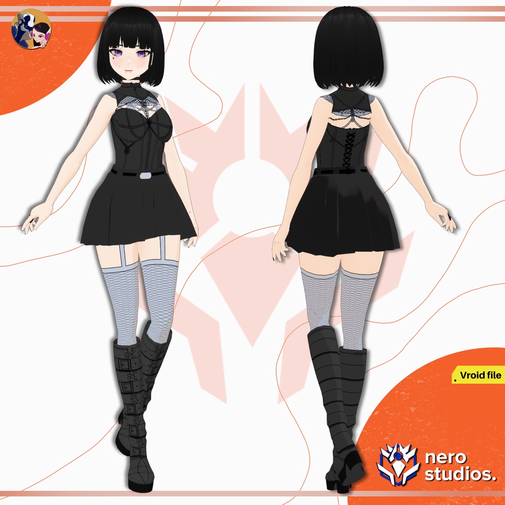 GOTH GIRL OUTFIT FULL SET HIGH BOOTS SKIRT CORSET STRAPS SEXY CUTE DARK PUNK SCI FI (VROID FILE) / ゴシック 女の子 ダーク パンク 黒 ドレス ブーツ スカート コルセット SF