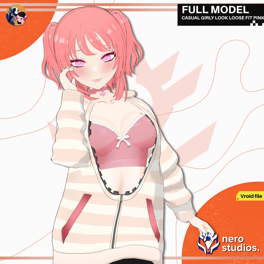 CASUAL GIRLY LOOK LOOSE FIT PINK SPORT STYLE ANIME SEXY SOCKS TEXTURE FULL OUTFIT SET PRESET (VROID FILE) / 3Dモデル 3DCG ピンク 服装 女の子 スポーツウェア スポーツ セクシー ストッキング パーカー