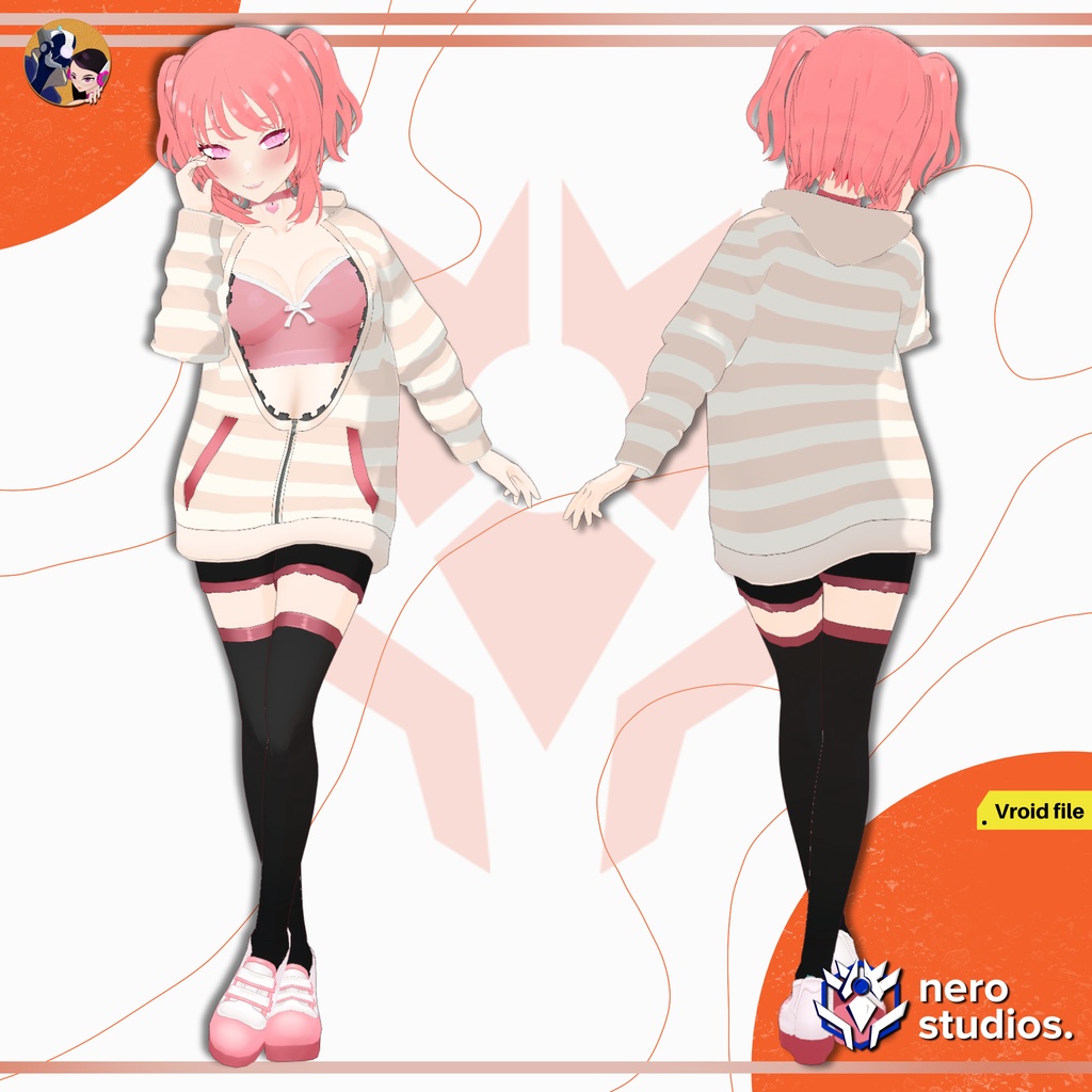 CASUAL GIRLY LOOK LOOSE FIT PINK SPORT STYLE ANIME SEXY SOCKS TEXTURE FULL OUTFIT SET PRESET (VROID FILE) / 3Dモデル 3DCG ピンク 服装 女の子 スポーツウェア スポーツ セクシー ストッキング パーカー