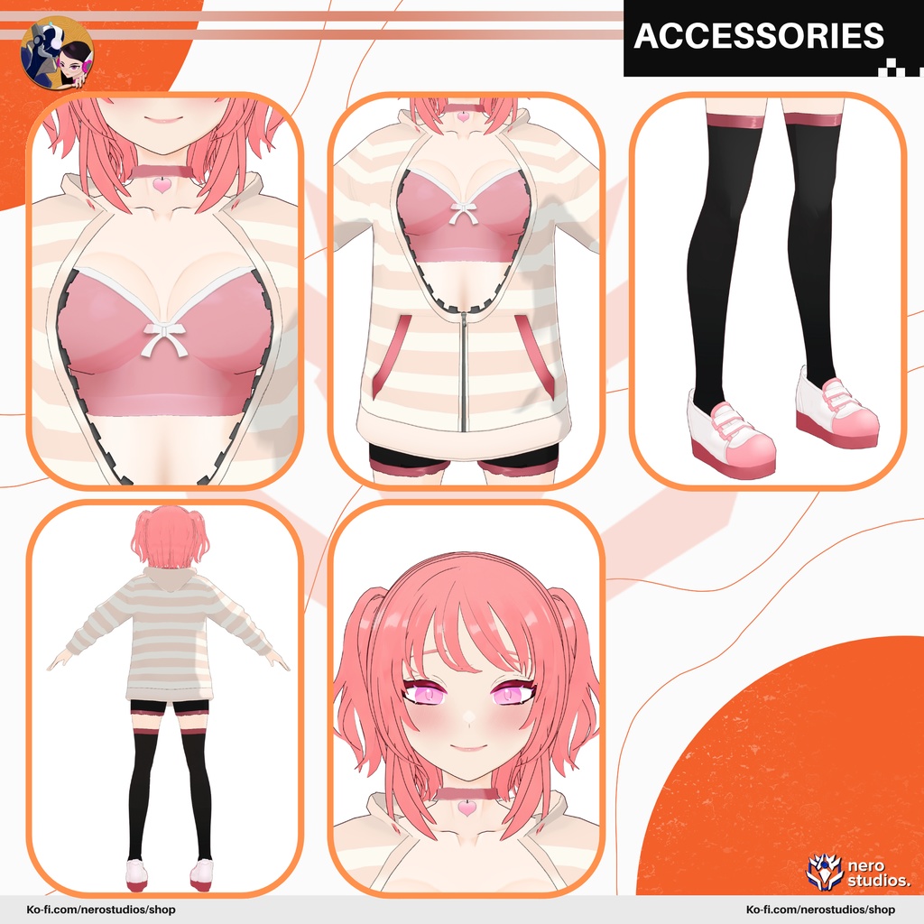 CASUAL GIRLY LOOK LOOSE FIT PINK SPORT STYLE ANIME SEXY SOCKS TEXTURE FULL OUTFIT SET PRESET (VROID FILE) / 3Dモデル 3DCG ピンク 服装 女の子 スポーツウェア スポーツ セクシー ストッキング パーカー