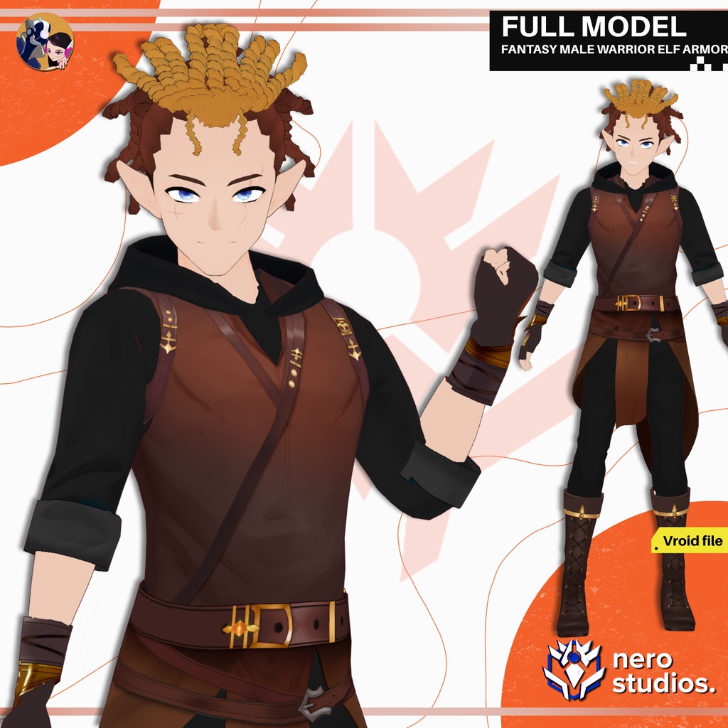 FANTASY MALE WARRIOR ELF ARMOR COAT RANGER ROGUE TABLETOP PERSONA CUTE OUTFIT FULL SET PRESET TEXTURE (VROID FILE) / 3Dモデル ファンタジー 男 武士 エルフ 鎧 侍 コート 服装 ブーツ 髪型