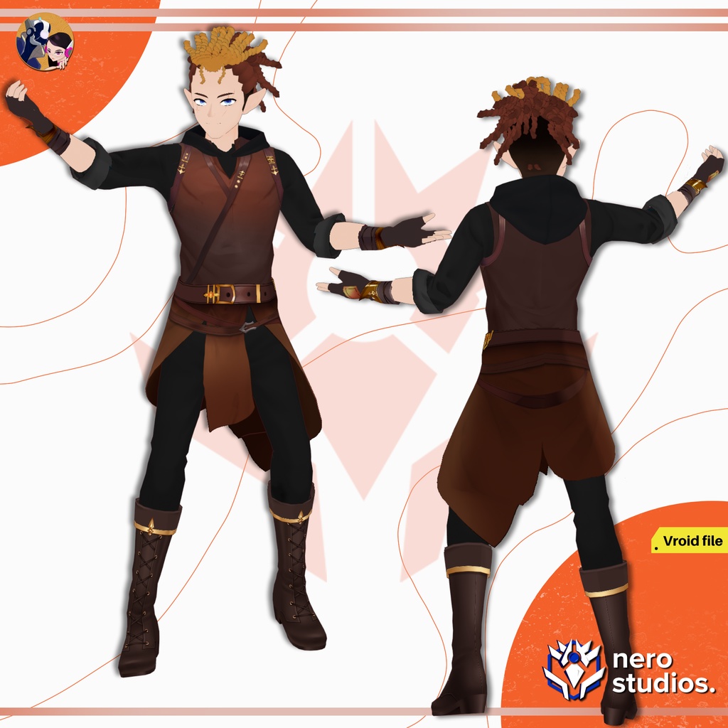 FANTASY MALE WARRIOR ELF ARMOR COAT RANGER ROGUE TABLETOP PERSONA CUTE OUTFIT FULL SET PRESET TEXTURE (VROID FILE) / 3Dモデル ファンタジー 男 武士 エルフ 鎧 侍 コート 服装 ブーツ 髪型