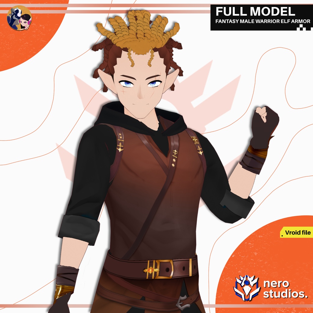 FANTASY MALE WARRIOR ELF ARMOR COAT RANGER ROGUE TABLETOP PERSONA CUTE OUTFIT FULL SET PRESET TEXTURE (VROID FILE) / 3Dモデル ファンタジー 男 武士 エルフ 鎧 侍 コート 服装 ブーツ 髪型