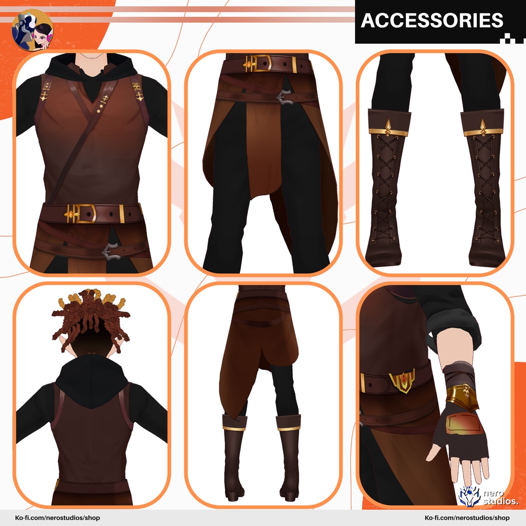 FANTASY MALE WARRIOR ELF ARMOR COAT RANGER ROGUE TABLETOP PERSONA CUTE OUTFIT FULL SET PRESET TEXTURE (VROID FILE) / 3Dモデル ファンタジー 男 武士 エルフ 鎧 侍 コート 服装 ブーツ 髪型