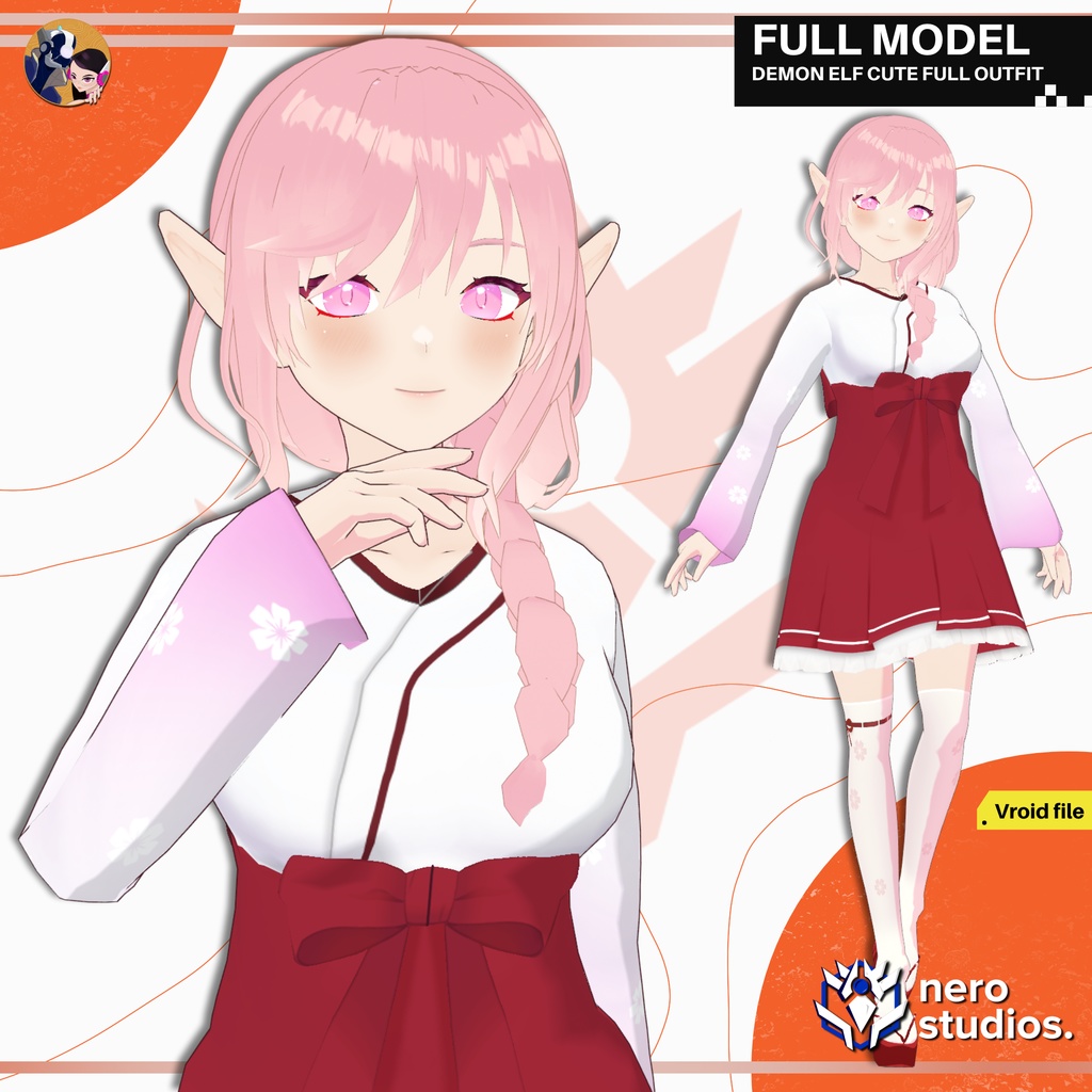 DEMON ELF CUTE FULL OUTFIT SET PRESET HAIRSTYLE BRAID GIRL KIMONO PINK HAIR (VROID FILE) / VRoid用テクスチャ 鬼 エルフ かわいい 女の子 3Dモデル 和服 着物 ドレス ピンク ヘア ストッキング ファンタジー 三つ編み髪