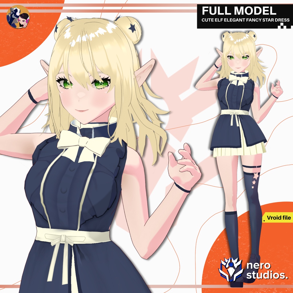CUTE ELF ELEGANT FANCY STAR DRESS TEXTURE FULL OUTFIT SET PRESET HAIRSTYLE (VROID FILE) / セレスティア かわいい エルフ ファンタジー 星 ドレス エレガント 3DCG 3Dモデル