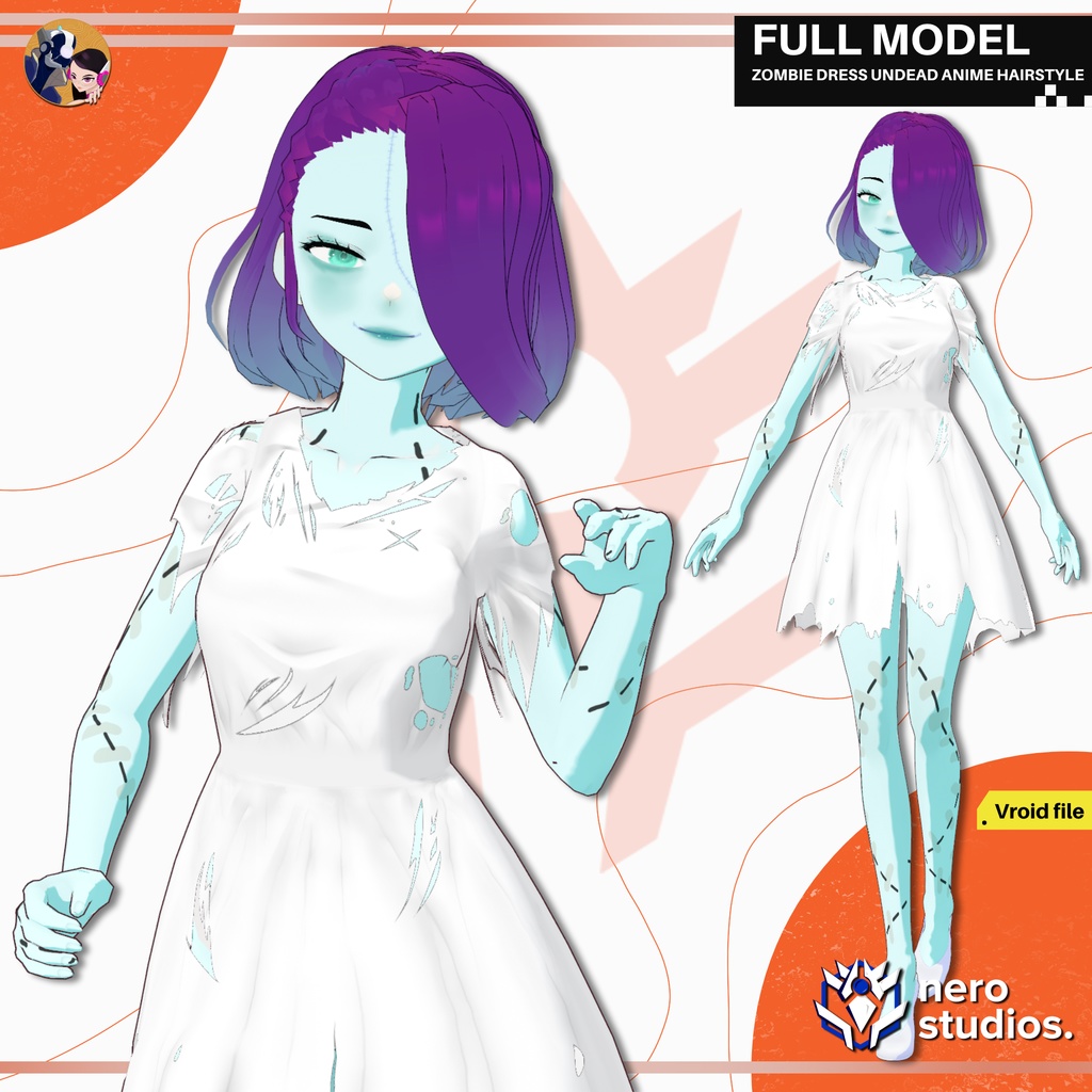 ZOMBIE DRESS CHANGE IT TO ANY COLOR WIFE OUTFIT FULL SET PRESET SCARS TEXTURE UNDEAD ANIME HAIRSTYLE BANG SHORT (VROID FILE) / ゾンビ モンスター娘 ドレス 3Dモデル ハイヒール ファンタジー ハロウィン衣装