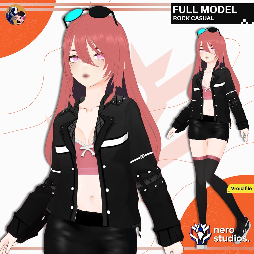 ROCK CASUAL GOING OUT CLUB OUTFIT FULL SET PRESET SEXY SOCKS SNEAKERS COAT LEATHER JACKET GIRL (VROID FILE) / 3Dモデル ロック ゴシック 都市 服装 スニーカー タイツ スカート ジャケット レザー