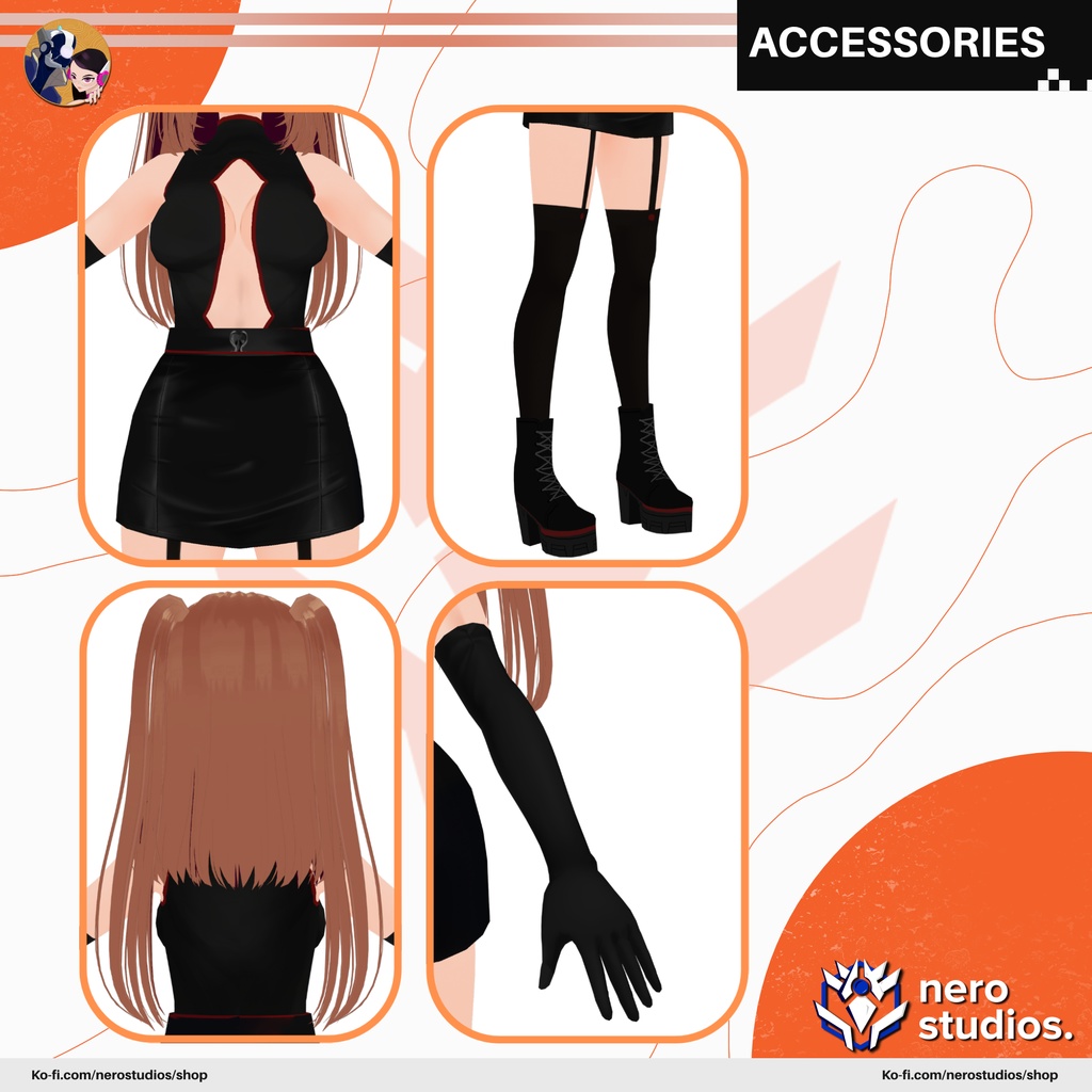 SEXY DARK GOTH OUTFIT HIGH BOOT RED SOCKS BODYSUIT GLOVES FULL SET PRESET TEXTURES SKIRT (VROID FILE) / 3Dモデル セクシー 女の子 ゴシック ボディスーツ タイツ 手袋 黒 スカート ブーツ SF