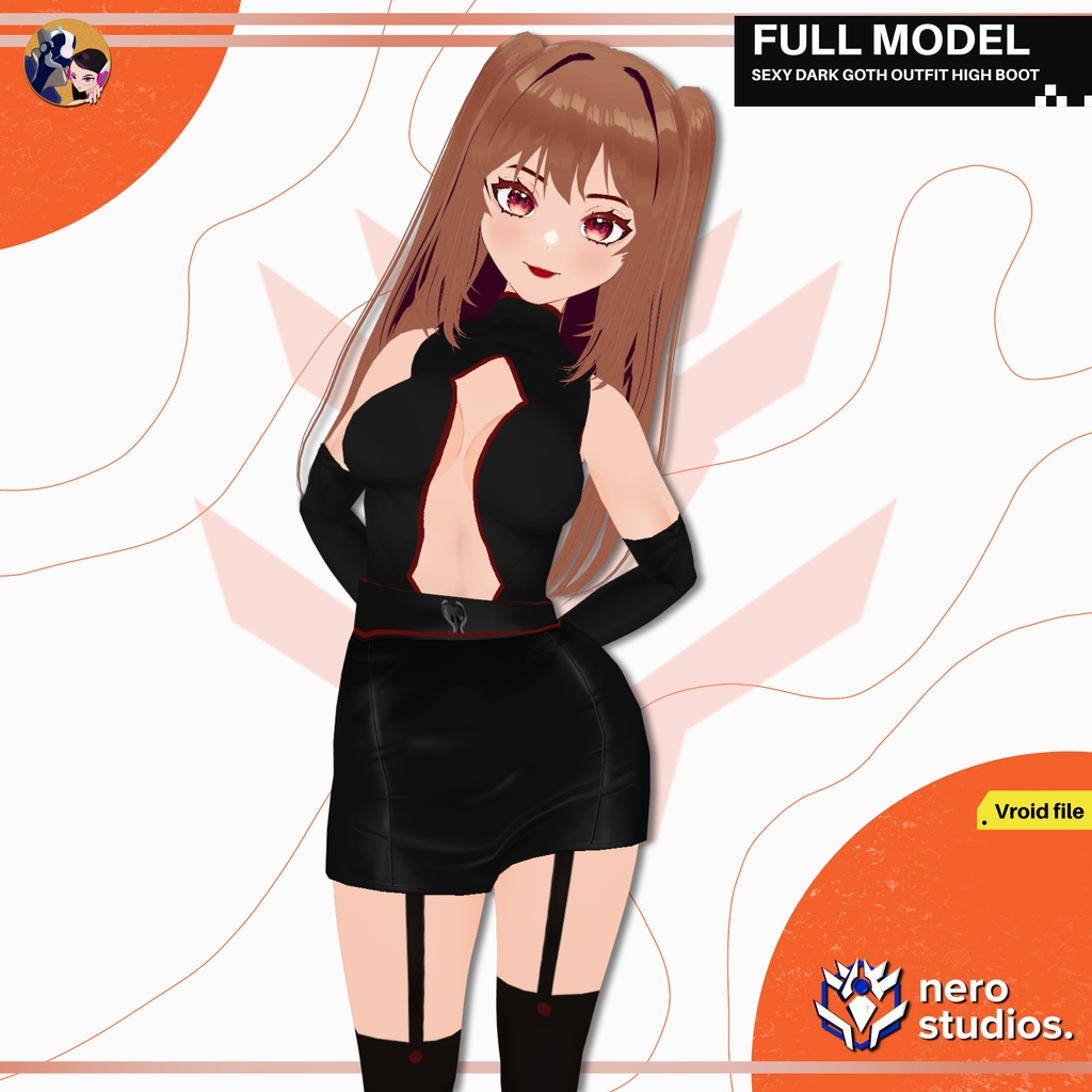 SEXY DARK GOTH OUTFIT HIGH BOOT RED SOCKS BODYSUIT GLOVES FULL SET PRESET TEXTURES SKIRT (VROID FILE) / 3Dモデル セクシー 女の子 ゴシック ボディスーツ タイツ 手袋 黒 スカート ブーツ SF