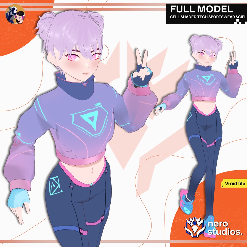 CELL SHADED TECH SPORTSWEAR SCIFI OUTFIT COSTUME SEXY BODYSUIT FUTURISTIC CUTE GIRL (VROID FILE) / SF 未来的な スポーツウェア 制服 服装 コスチューム サイバーパンク 女の子 スニーカー ファンタジー