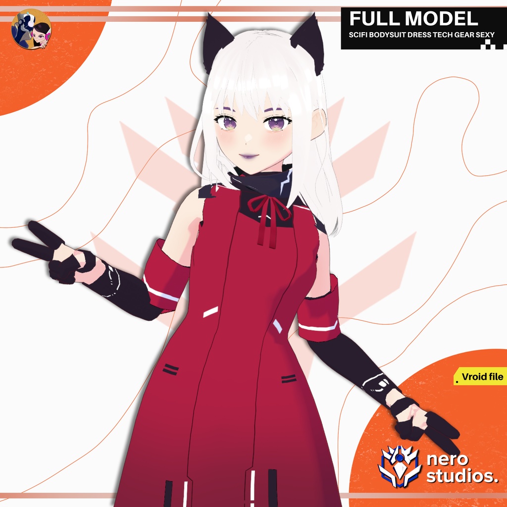 SCIFI BODYSUIT DRESS TECH GEAR SEXY CUTE CELL SHADED ANIME CAT GIRL OUTFIT FULL SET (VROID FILE) / SF 猫 女の子 猫耳 ボディスーツ 赤 ドレス セクシー かわいい ハイヒール テックウェア