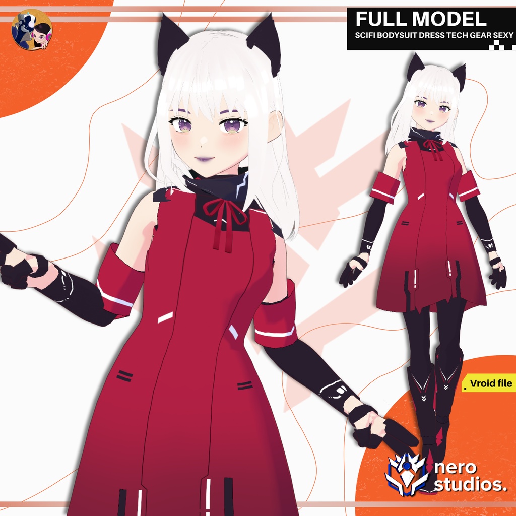 SCIFI BODYSUIT DRESS TECH GEAR SEXY CUTE CELL SHADED ANIME CAT GIRL OUTFIT FULL SET (VROID FILE) / SF 猫 女の子 猫耳 ボディスーツ 赤 ドレス セクシー かわいい ハイヒール テックウェア
